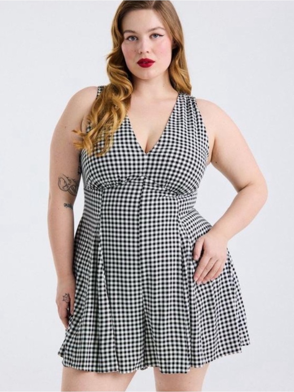 Torrid Retro Chic Black and White Gingham V-Neck Romper